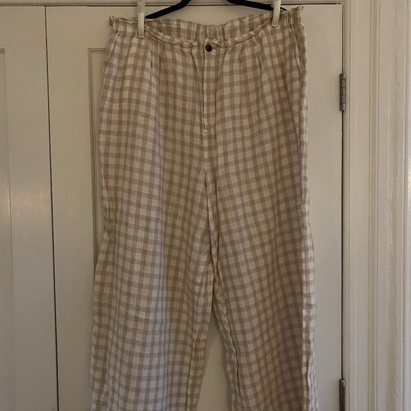 Lou & Grey - Tan Gingham Plaid - 100% Linen - Wide Leg Cropped Pants - Picture 1 of 4